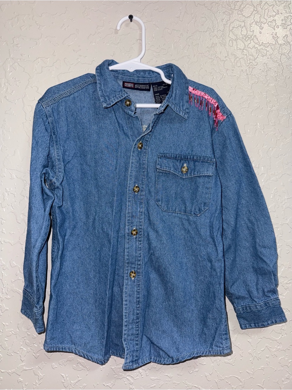 4-5 Boy Faded Glory Blue Denim Button-Down Shirt with Pink Sequin Fringe